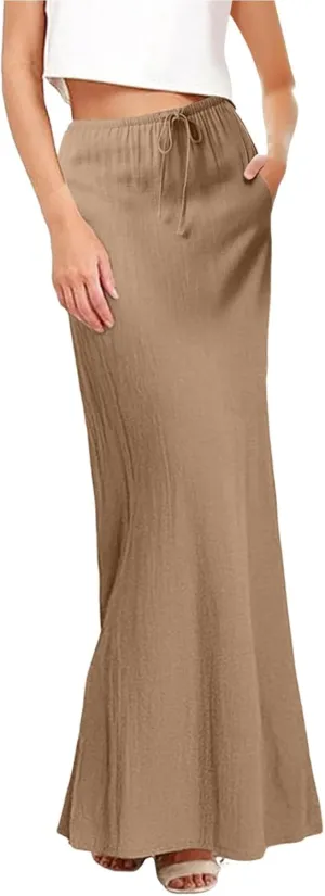 Maxi Skirt for Women Daily Casual Elegant Solid Color A Skirts Vintage Elastic Waist Skirt 2025 Summer Trendy