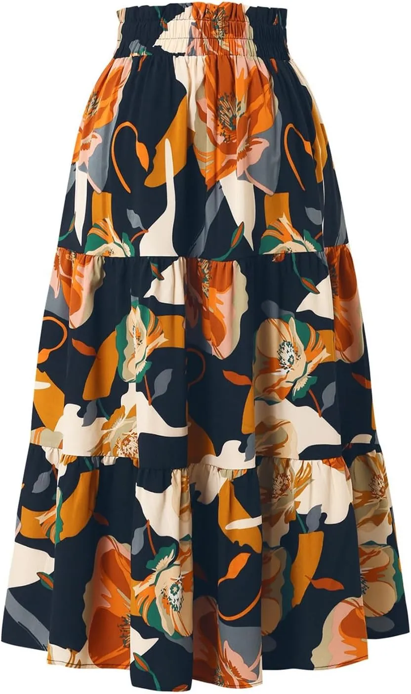 Maxi Skirts for Women 2025 Summer Elastic High Waisted Tiered Floral Skirts Beach Boho A-Line Flowy Swing Long Skirts