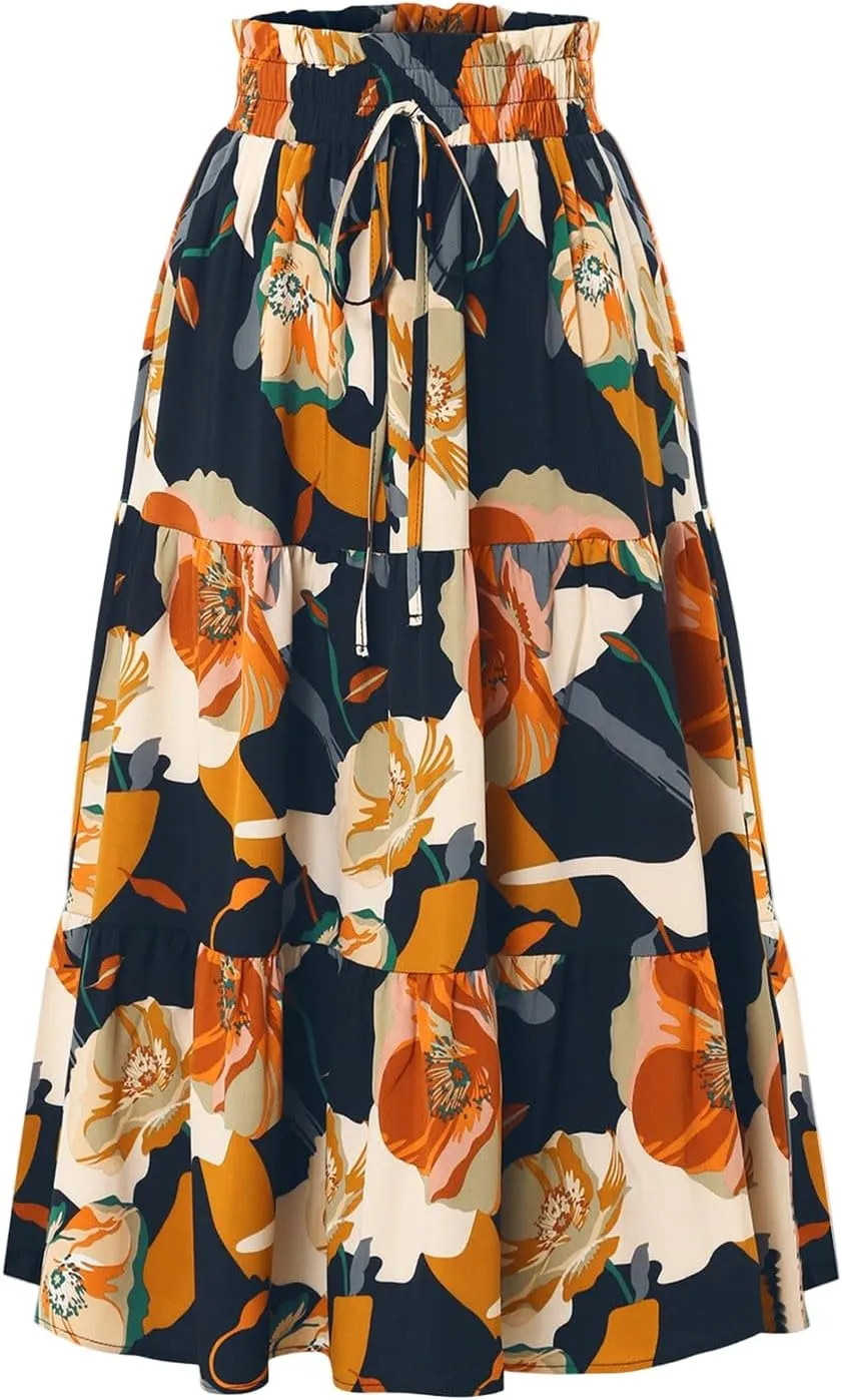 Maxi Skirts for Women 2025 Summer Elastic High Waisted Tiered Floral Skirts Beach Boho A-Line Flowy Swing Long Skirts