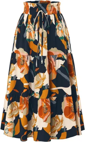 Maxi Skirts for Women 2025 Summer Elastic High Waisted Tiered Floral Skirts Beach Boho A-Line Flowy Swing Long Skirts