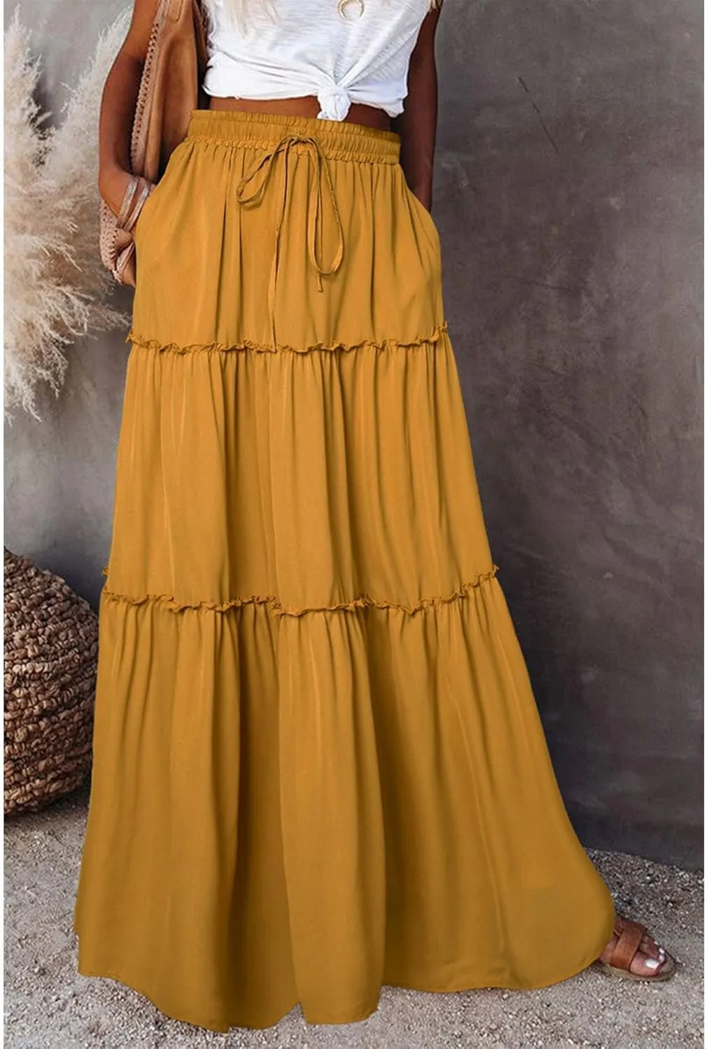 Maxi Skirts for Women High Waist Bohemian A Line Tiered Skirt Summer Casual Pleated Flowy Swing Beach Long Skirt