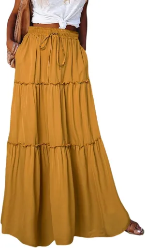 Maxi Skirts for Women High Waist Bohemian A Line Tiered Skirt Summer Casual Pleated Flowy Swing Beach Long Skirt