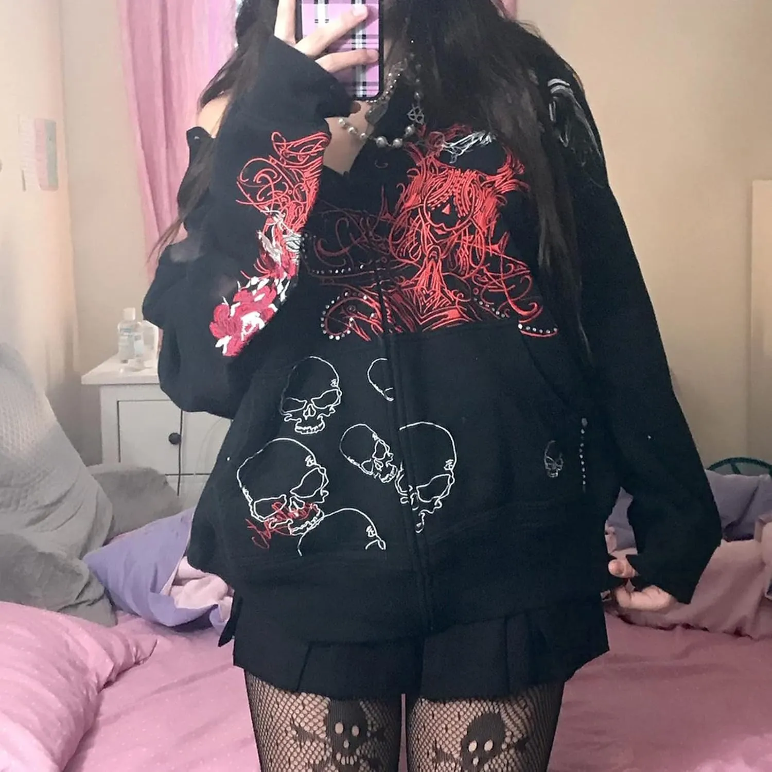Meiweileya Y2k Womens Zip Up Fairy Grunge Oversized Hoodies Long Sleeve Aesthetic Skeleton Graphic Streetwear Jackets