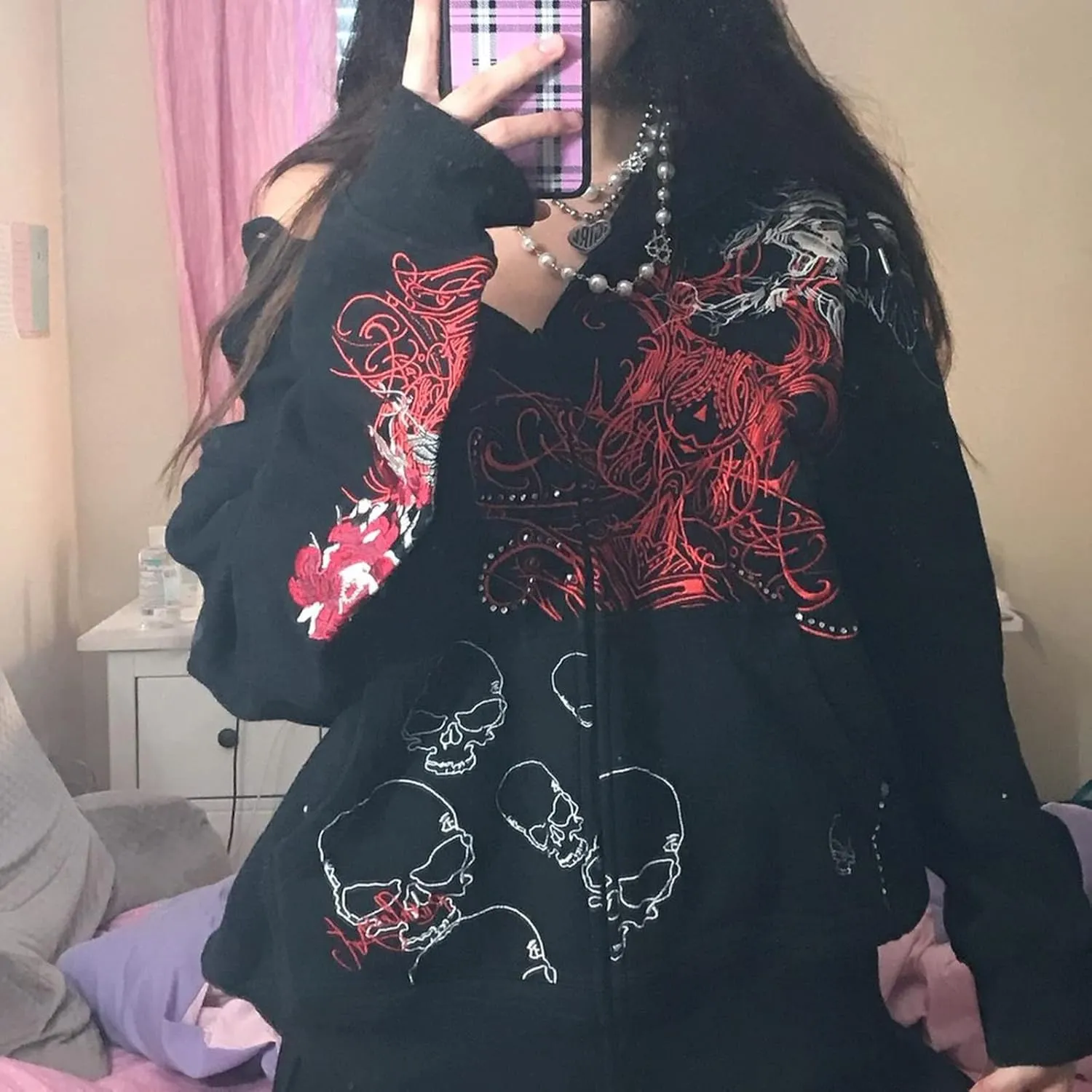 Meiweileya Y2k Womens Zip Up Fairy Grunge Oversized Hoodies Long Sleeve Aesthetic Skeleton Graphic Streetwear Jackets