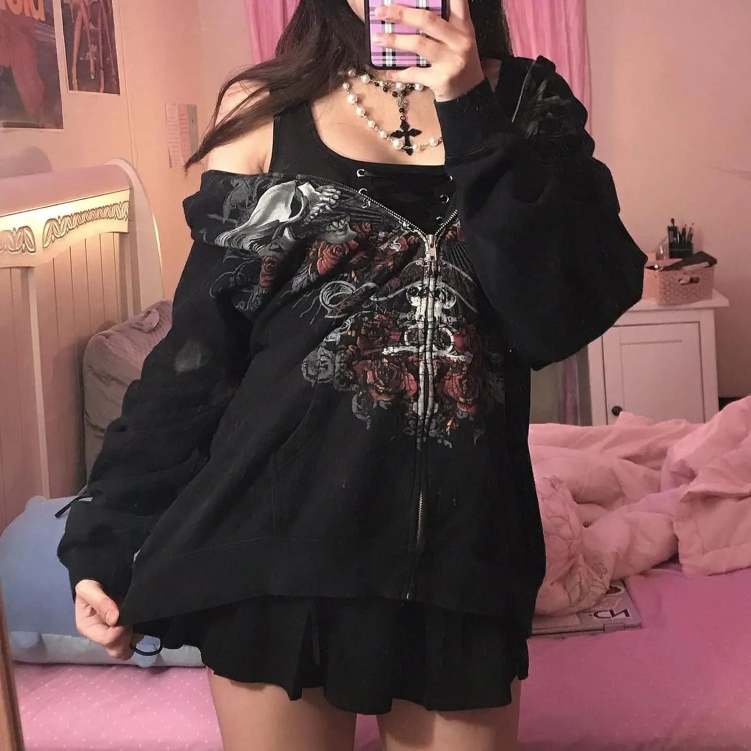 Meiweileya Y2k Womens Zip Up Fairy Grunge Oversized Hoodies Long Sleeve Aesthetic Skeleton Graphic Streetwear Jackets