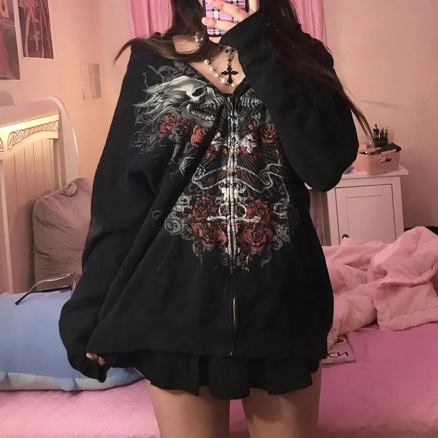 Meiweileya Y2k Womens Zip Up Fairy Grunge Oversized Hoodies Long Sleeve Aesthetic Skeleton Graphic Streetwear Jackets