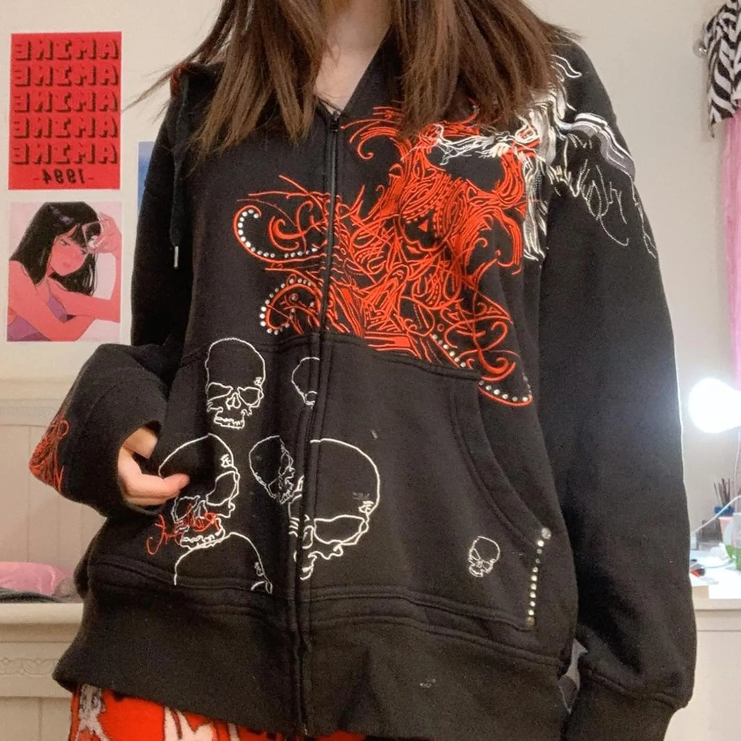 Meiweileya Y2k Womens Zip Up Fairy Grunge Oversized Hoodies Long Sleeve Aesthetic Skeleton Graphic Streetwear Jackets