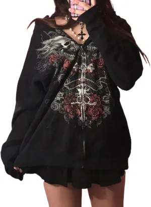 Meiweileya Y2k Womens Zip Up Fairy Grunge Oversized Hoodies Long Sleeve Aesthetic Skeleton Graphic Streetwear Jackets