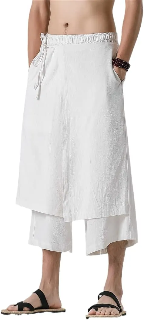 Men Casual Withe Wide Leg Pants Irregular Linen Harem Pants Solid Vintage Skirts Trousers