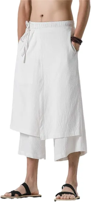 Men Casual Withe Wide Leg Pants Irregular Linen Harem Pants Solid Vintage Skirts Trousers