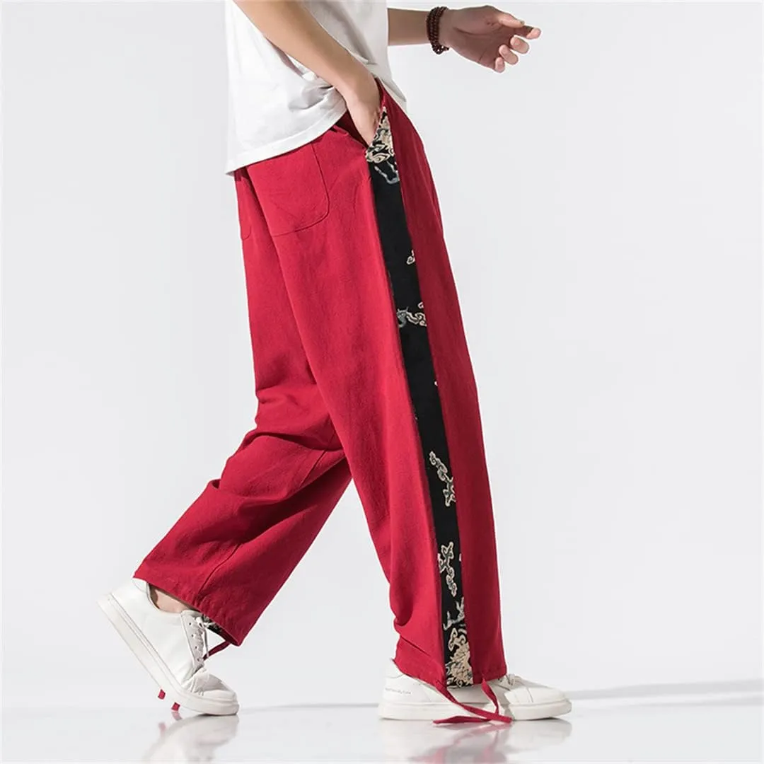 Men Chinese Style Red Linen Streetwear Print Wide Leg Pants Baggy Jogger Harem Pants