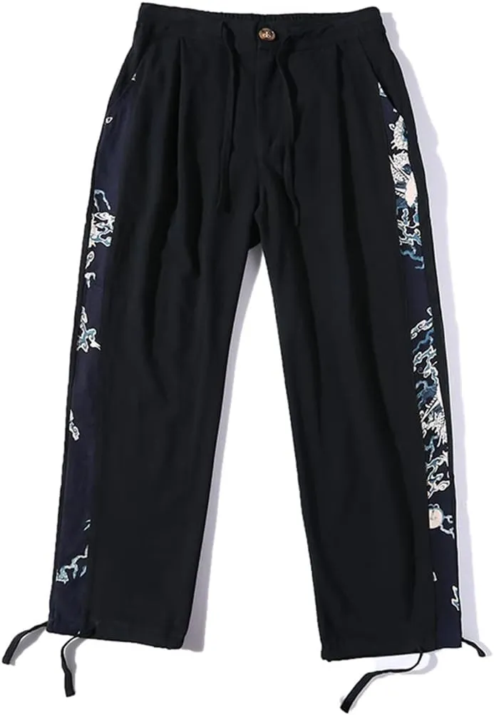 Men Chinese Style Red Linen Streetwear Print Wide Leg Pants Baggy Jogger Harem Pants