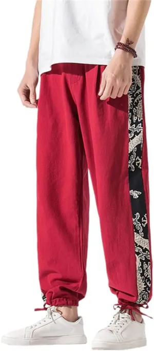 Men Chinese Style Red Linen Streetwear Print Wide Leg Pants Baggy Jogger Harem Pants