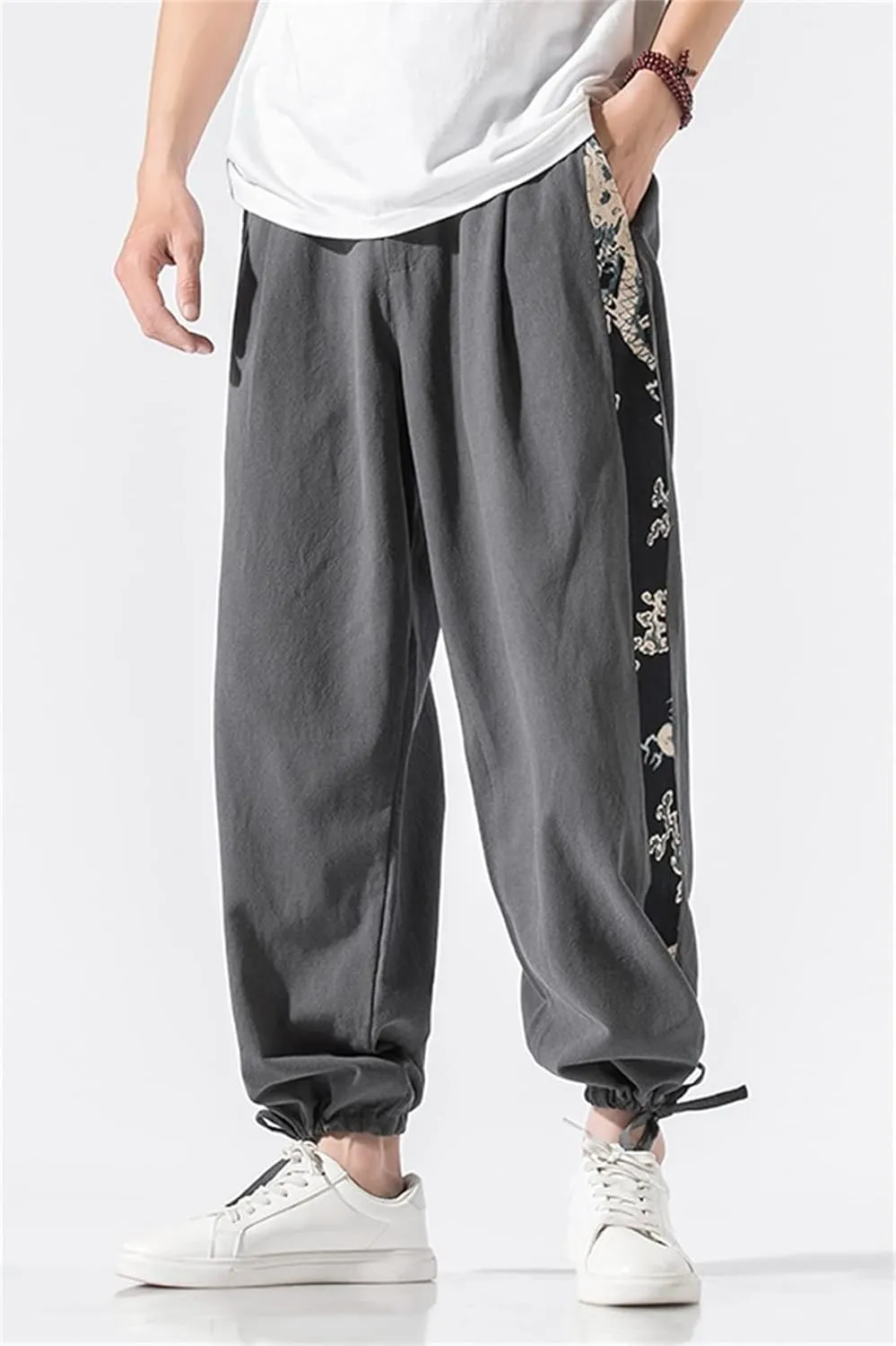 Men Chinese Style Red Linen Streetwear Print Wide Leg Pants Baggy Jogger Harem Pants