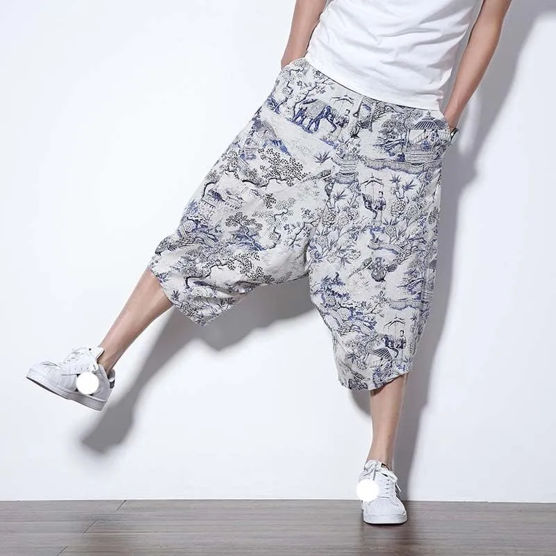 Men Harajuku Harem Pants Mens Summer Cotton Joggers Pants Male Vintage Chinese Style Calf-Length Sweatpants