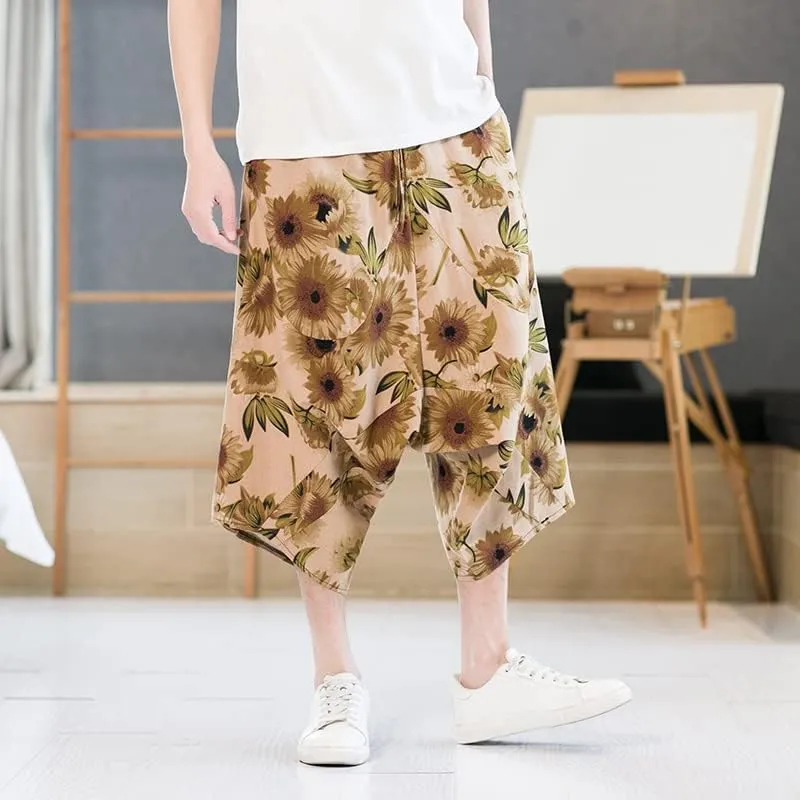 Men Harajuku Harem Pants Mens Summer Cotton Joggers Pants Male Vintage Chinese Style Calf-Length Sweatpants