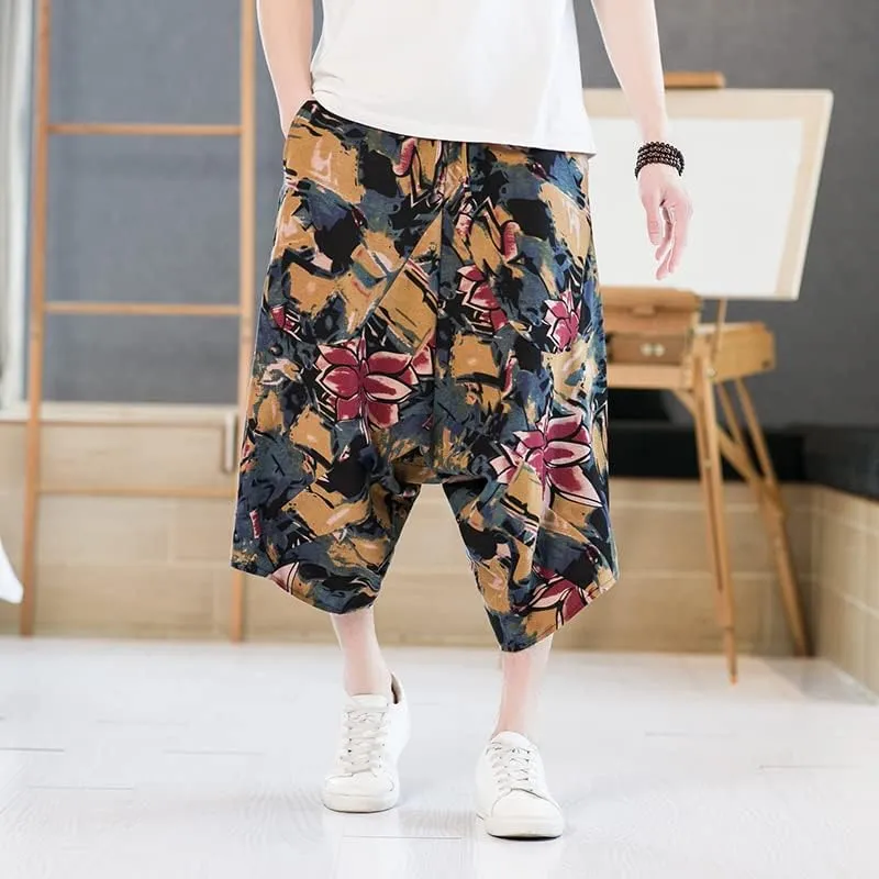 Men Harajuku Harem Pants Mens Summer Cotton Joggers Pants Male Vintage Chinese Style Calf-Length Sweatpants