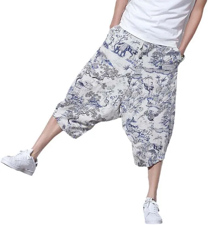 Men Harajuku Harem Pants Mens Summer Cotton Joggers Pants Male Vintage Chinese Style Calf-Length Sweatpants