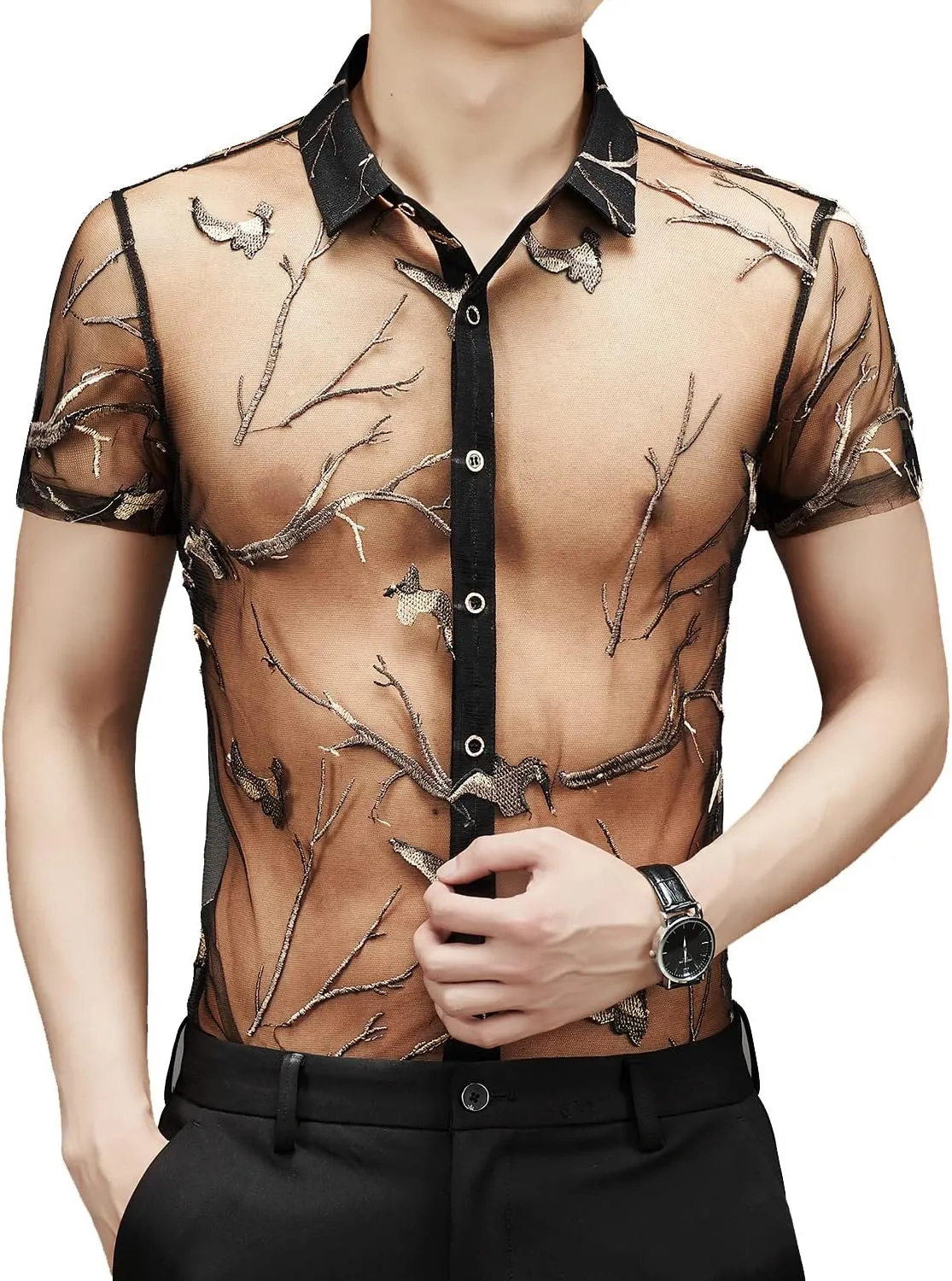 Men Women See Through Shirts Sexy Short Sleeve Night Club Fishnet Lace Shirt