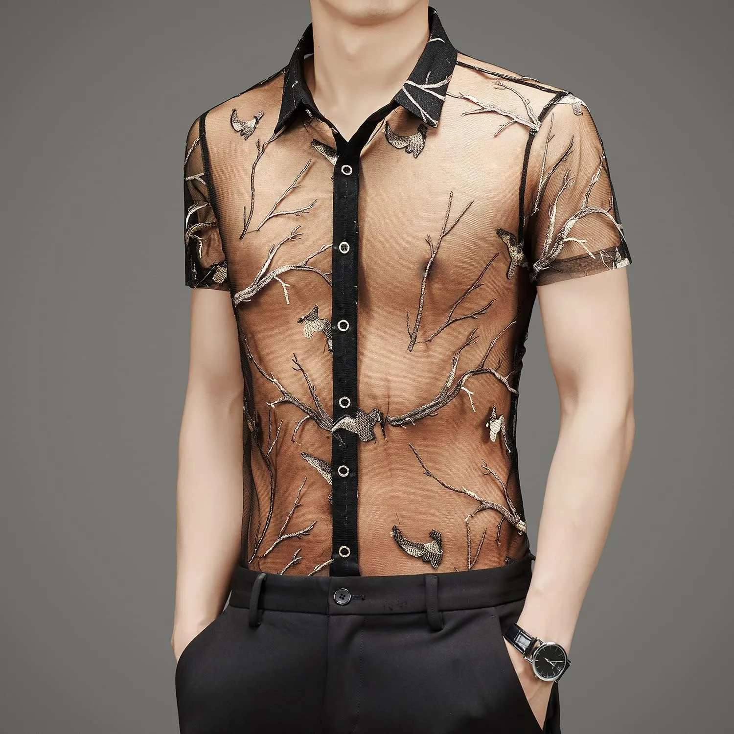 Men Women See Through Shirts Sexy Short Sleeve Night Club Fishnet Lace Shirt
