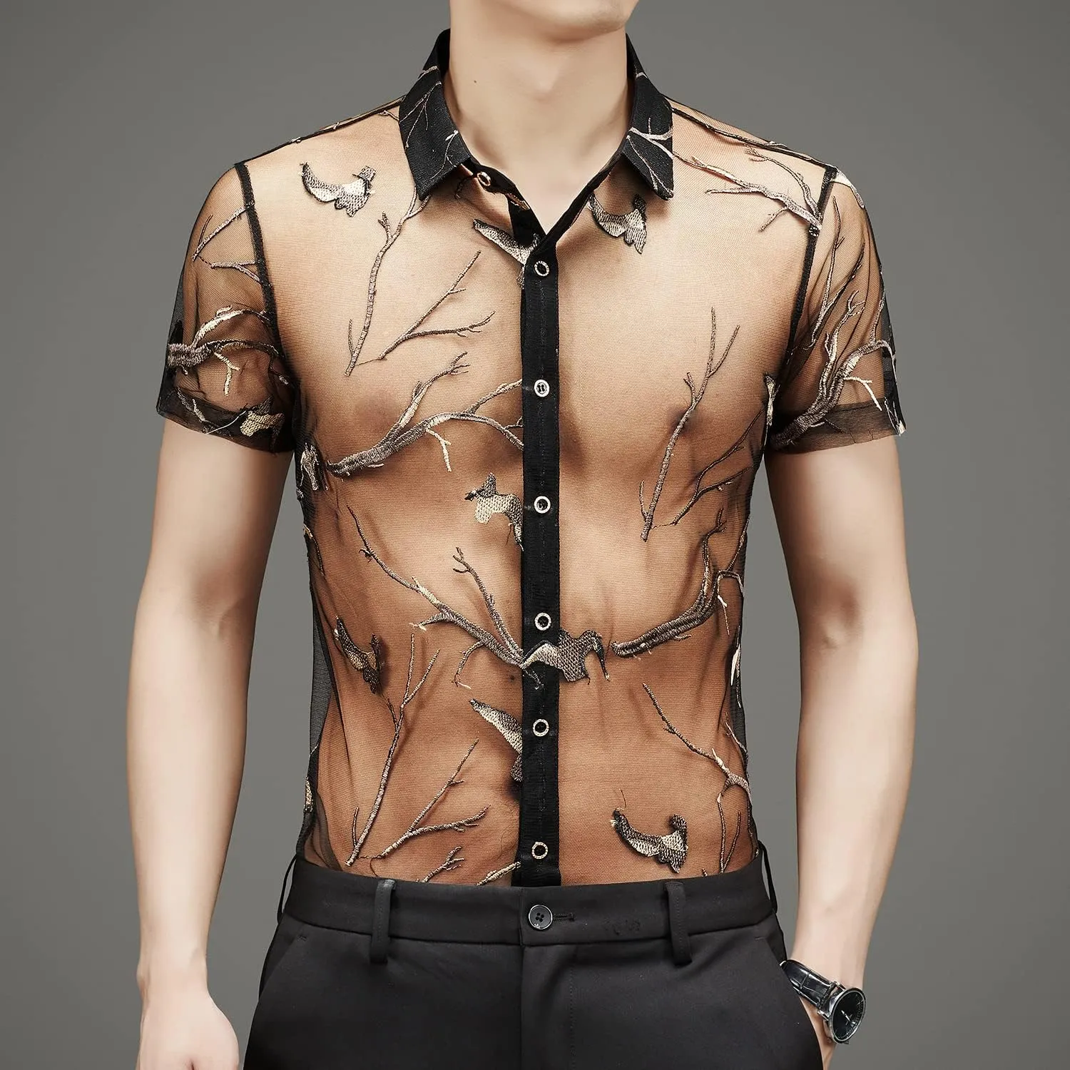 Men Women See Through Shirts Sexy Short Sleeve Night Club Fishnet Lace Shirt