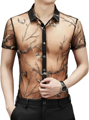 Men Women See Through Shirts Sexy Short Sleeve Night Club Fishnet Lace Shirt