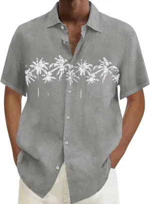 Men's Cuban Shirt Short Sleeve Button Down Shirts Casual Summer Beach Hawaiian Vacation Linen Wedding Shirts