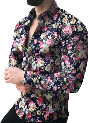 Mens Hawaiian Floral Shirts Slim Fit Long Sleeve Printed Dress Shirt Button Down Tropical Holiday Beach Shirts