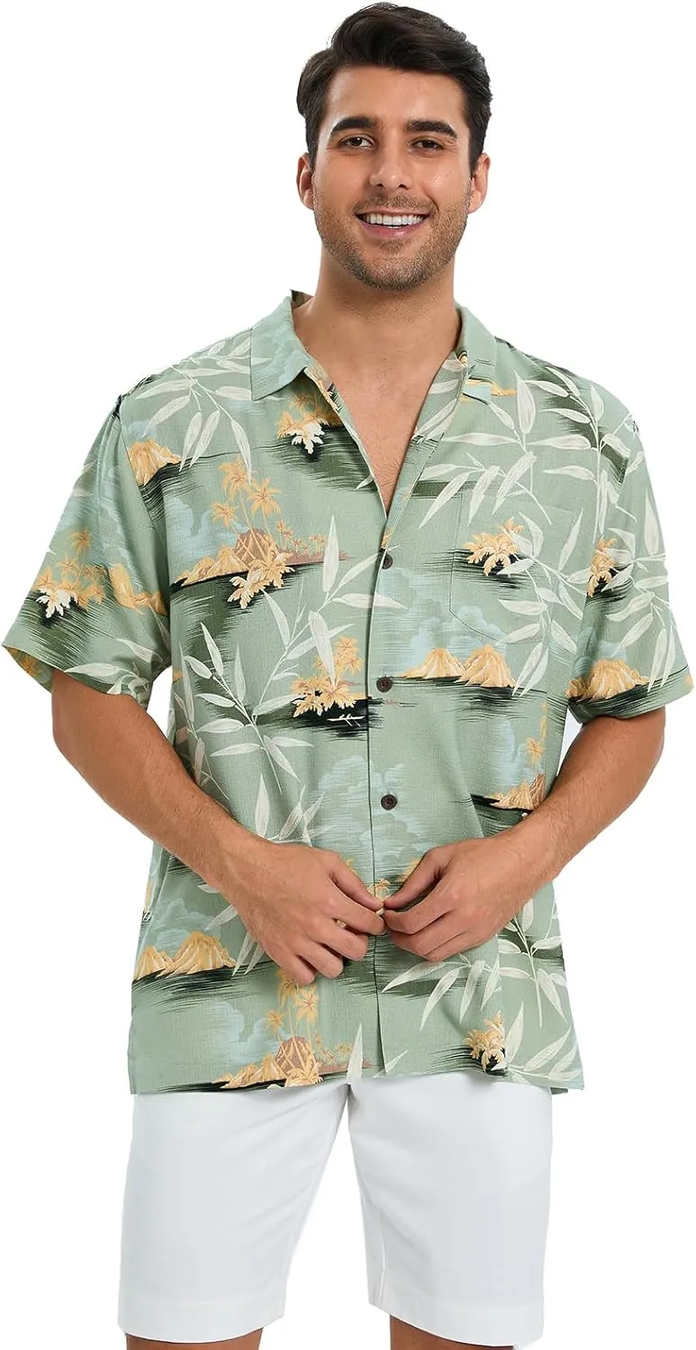 Men's Hawaiian Shirts Silk and Cotton Blend Button Down Short Sleeve Tropical Print Camp Shirts