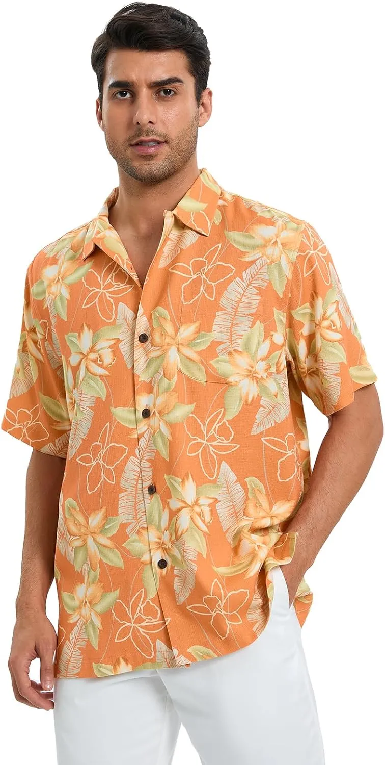 Men's Hawaiian Shirts Silk and Cotton Blend Button Down Short Sleeve Tropical Print Camp Shirts