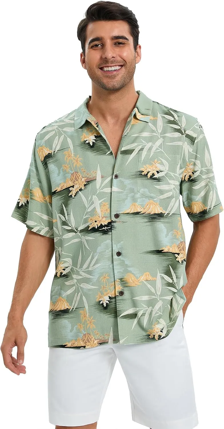 Men's Hawaiian Shirts Silk and Cotton Blend Button Down Short Sleeve Tropical Print Camp Shirts
