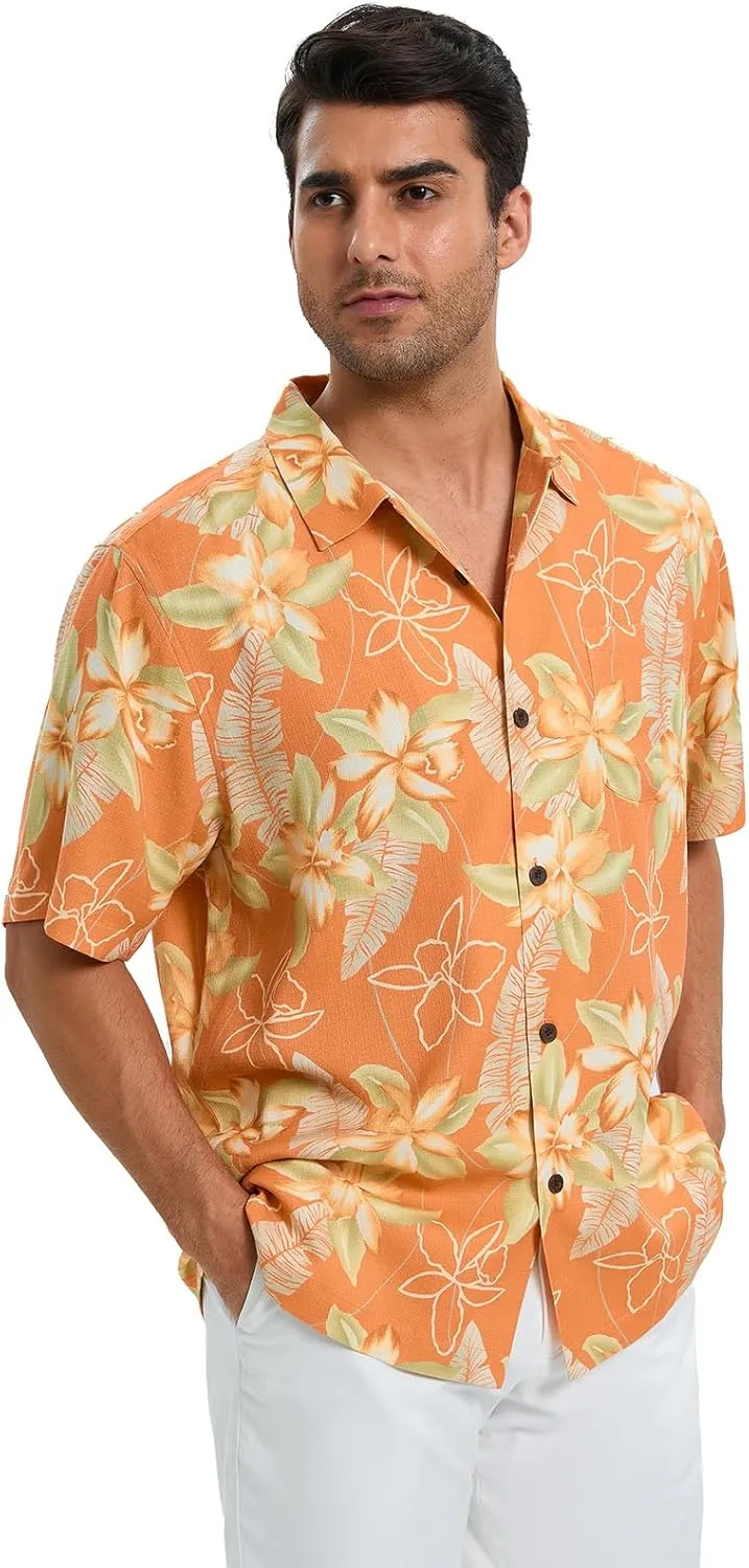 Men's Hawaiian Shirts Silk and Cotton Blend Button Down Short Sleeve Tropical Print Camp Shirts