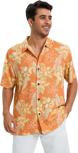Men's Hawaiian Shirts Silk and Cotton Blend Button Down Short Sleeve Tropical Print Camp Shirts