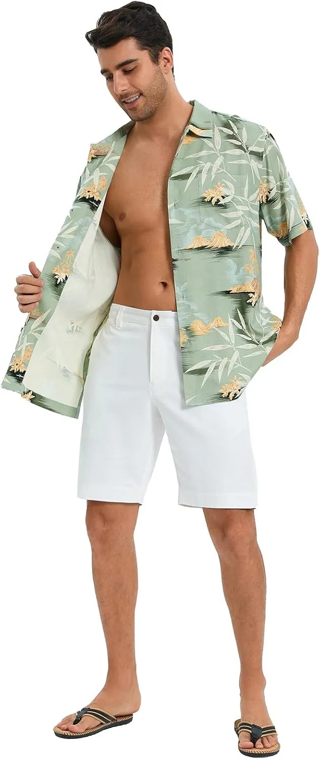 Men's Hawaiian Shirts Silk and Cotton Blend Button Down Short Sleeve Tropical Print Camp Shirts