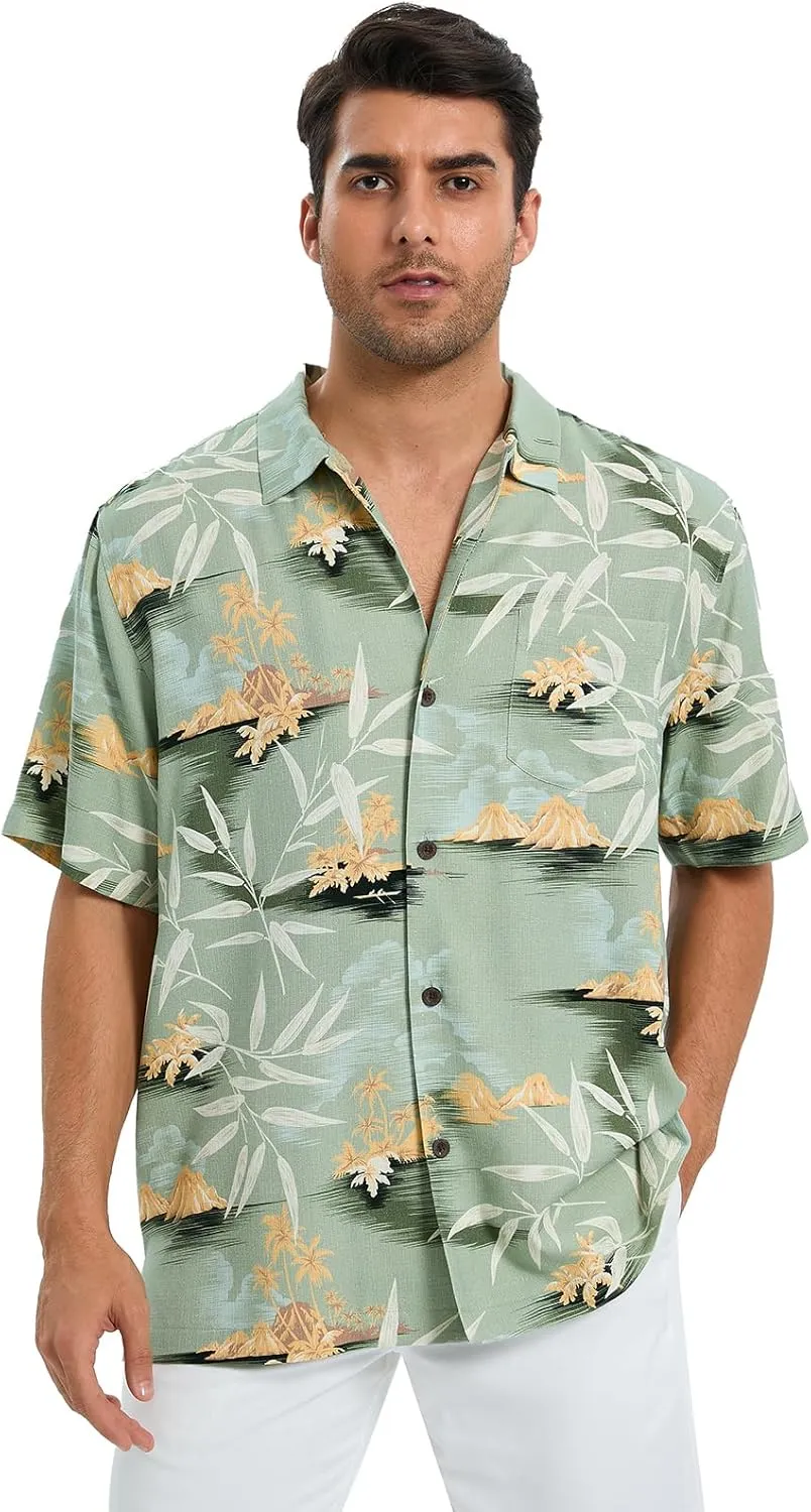 Men's Hawaiian Shirts Silk and Cotton Blend Button Down Short Sleeve Tropical Print Camp Shirts