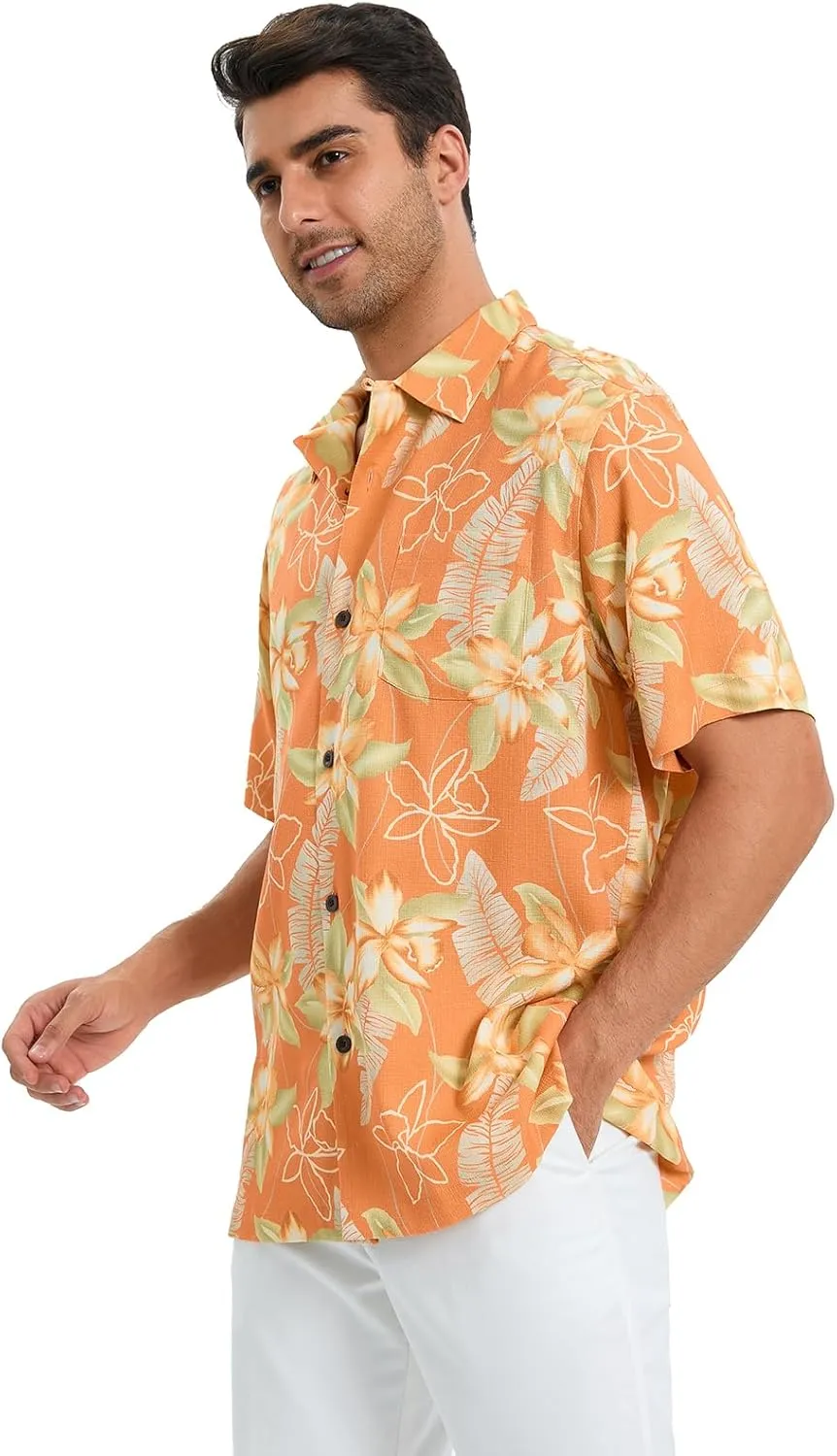 Men's Hawaiian Shirts Silk and Cotton Blend Button Down Short Sleeve Tropical Print Camp Shirts