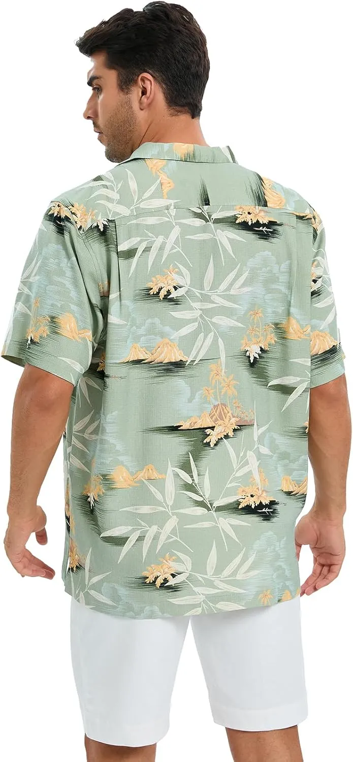 Men's Hawaiian Shirts Silk and Cotton Blend Button Down Short Sleeve Tropical Print Camp Shirts