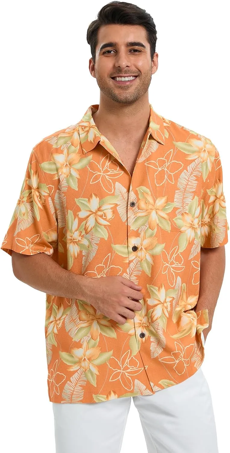 Men's Hawaiian Shirts Silk and Cotton Blend Button Down Short Sleeve Tropical Print Camp Shirts