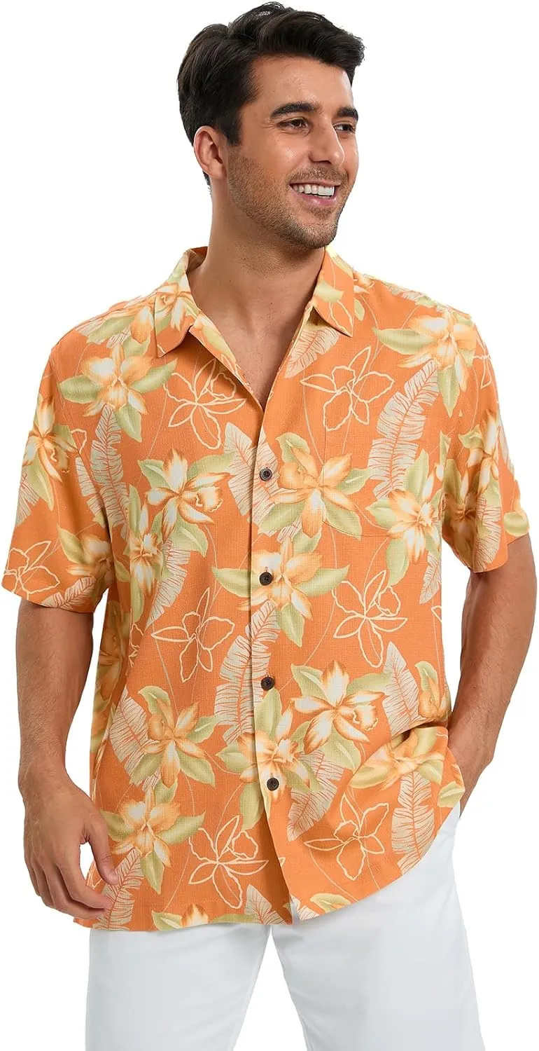 Men's Hawaiian Shirts Silk and Cotton Blend Button Down Short Sleeve Tropical Print Camp Shirts