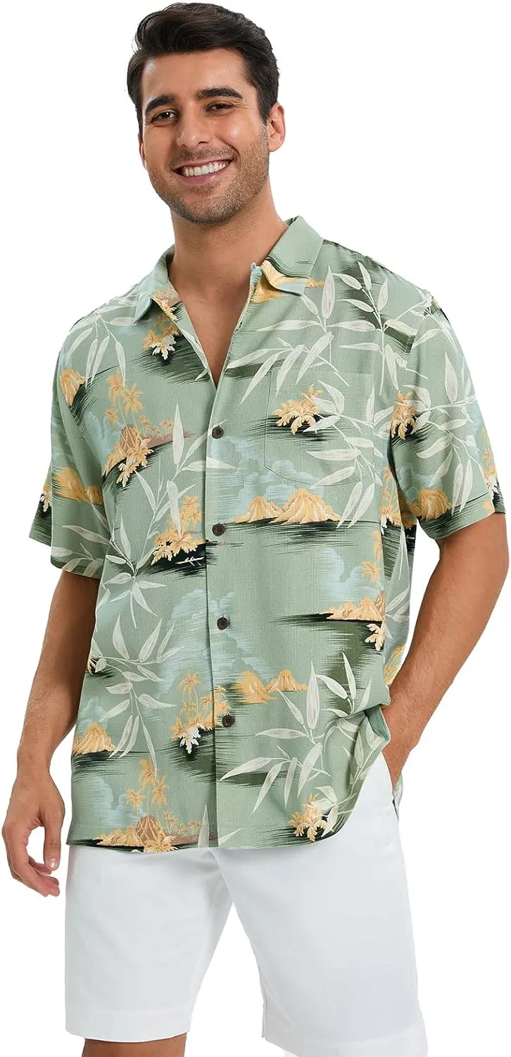 Men's Hawaiian Shirts Silk and Cotton Blend Button Down Short Sleeve Tropical Print Camp Shirts