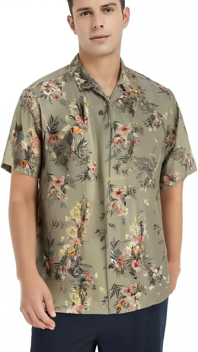 Mens Hawaiian Shirts Silk Short Sleeve Printed Beach Shirt Relaxed Fit Summer Tropical Shirts