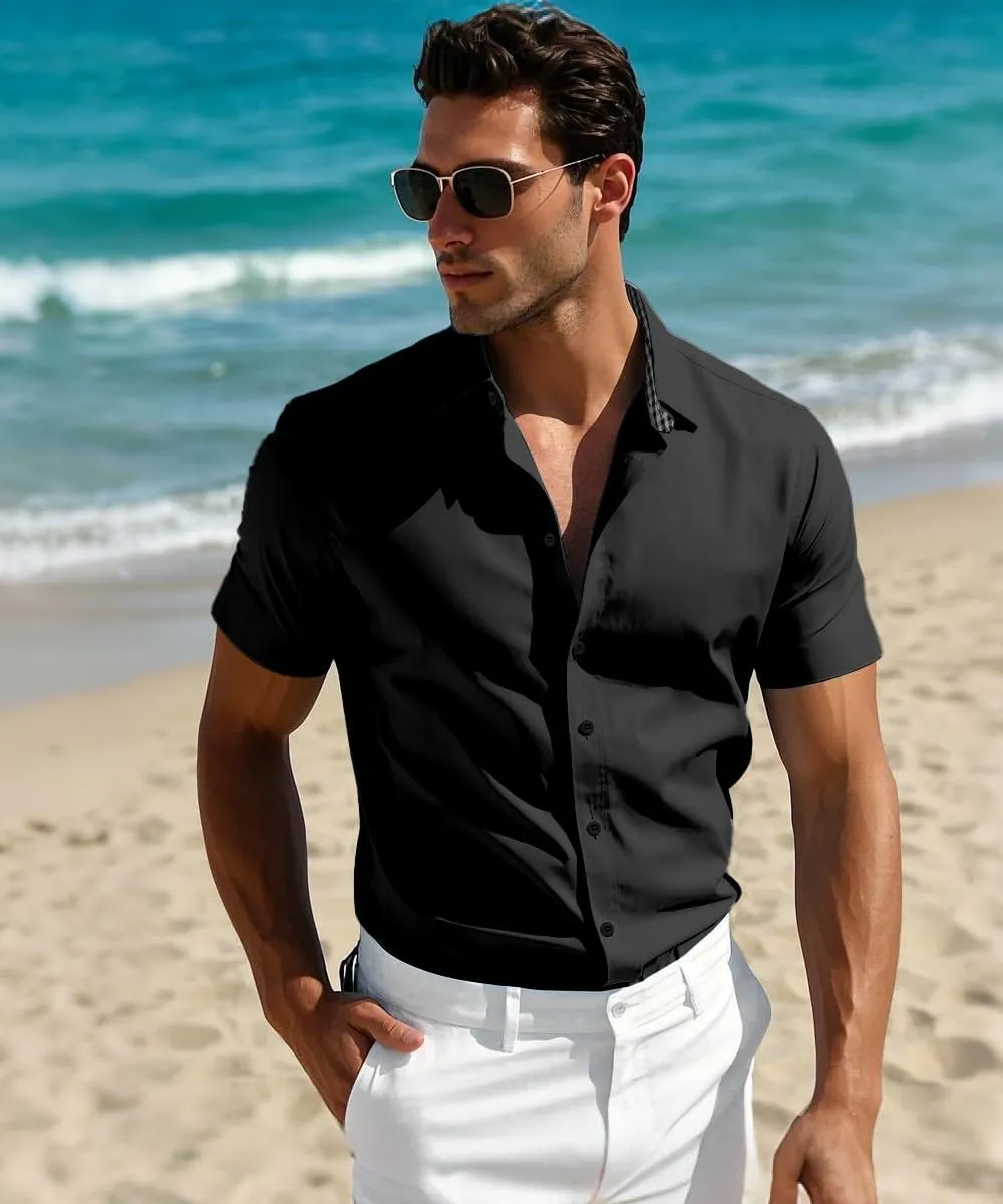 Men's Linen Shirt Short Sleeve Casual Button Down Shirt for Men Summer Holiday Beach Shirt