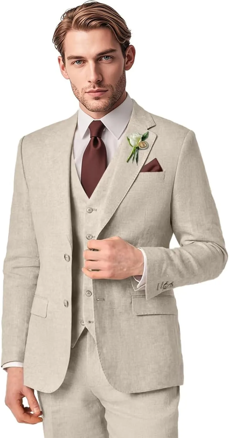 Men's Linen Suit 3 Piece Summer Slim Fit Blazer Set for Beach Weddings Parties Casual Business Jacket Vest Pants