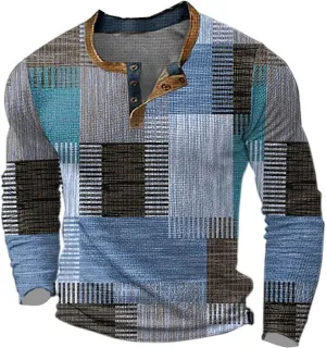 Mens Long Sleeve Henley Shirt 1/4 Button Plaid Printed Distressed Vintage Tops Color Block Slim Fit Golf Polo Shirts