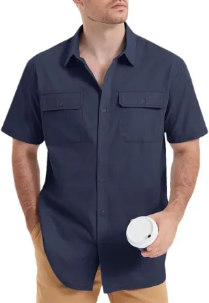 Men's Quick Dry Short Sleeve Shirts Casual Button Up Cargo Shirt Summer Hiking Fishing Work Outdoor Shirts