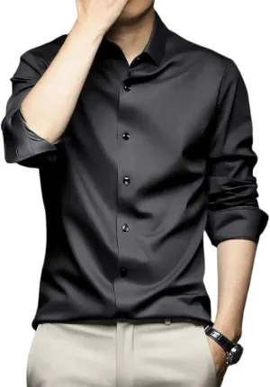 Mens Social Shirt Long Sleeve Solid Color Silk Business Formal Dress Shirts