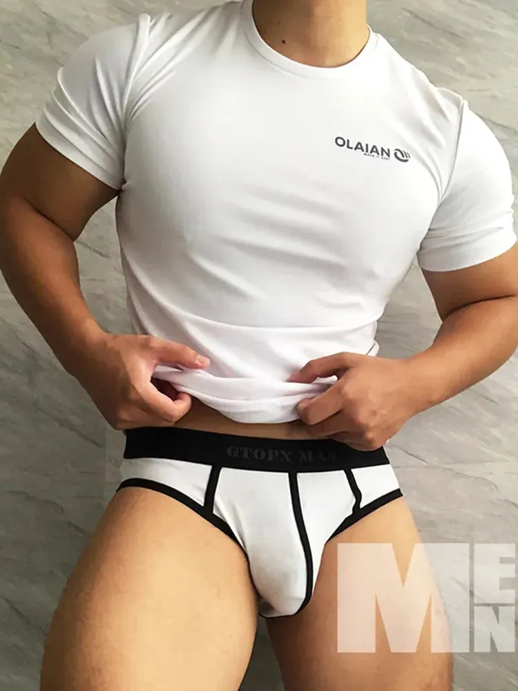 Mens Spliced Lines U Convex Pouch Cotton Briefs