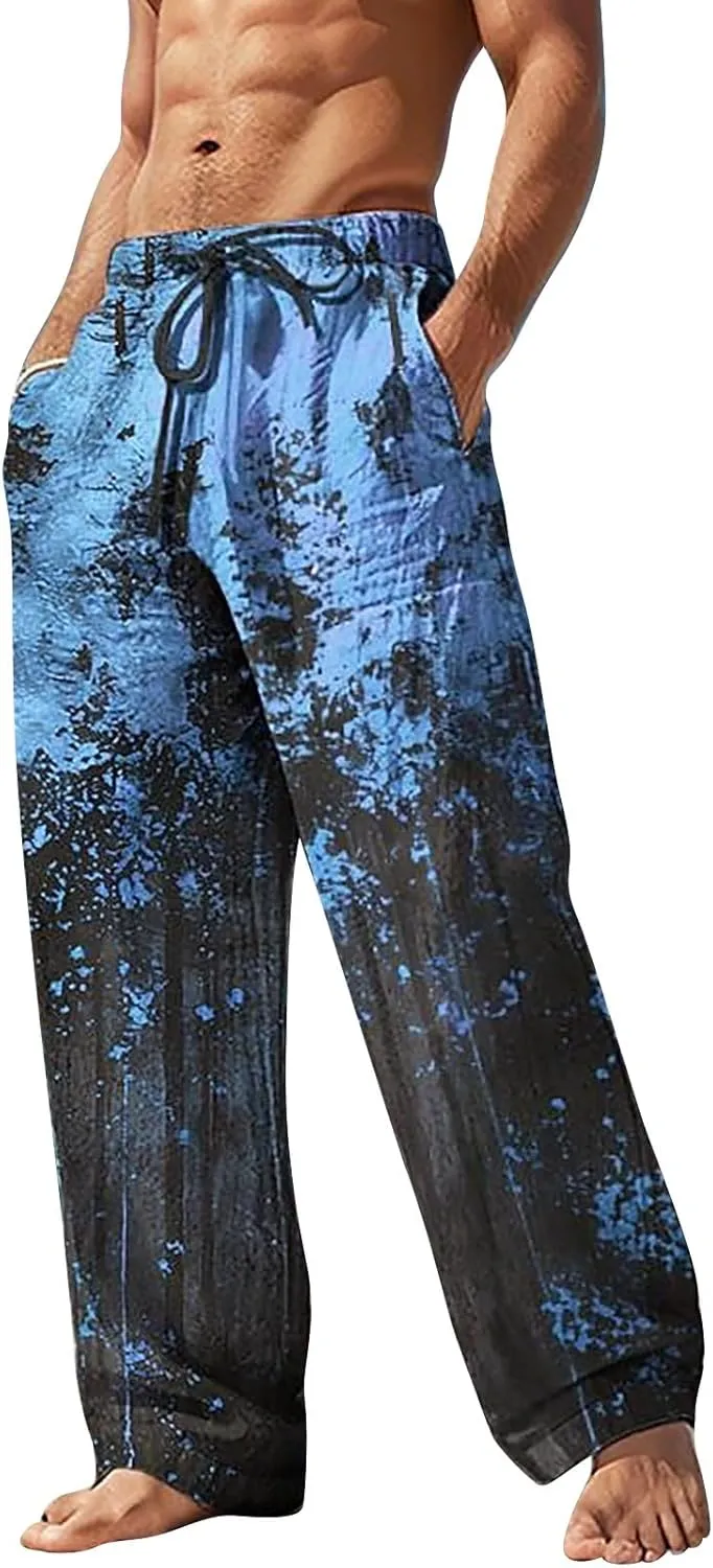 Mens Summer Casual Beach Pants Drawstring Elastic Waisted 3D Printed Fashion Trousers Holiday Vacation Combat Streetwear 2024