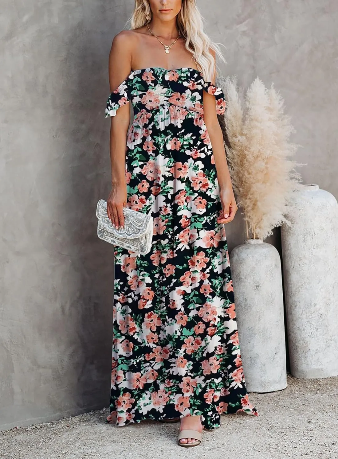 MERMAID'S CLOSET Women's Summer Smocked Off The Shoulder Maxi Dress Boho Casual Ruffle Flowy Long Beach Vacation Sundress