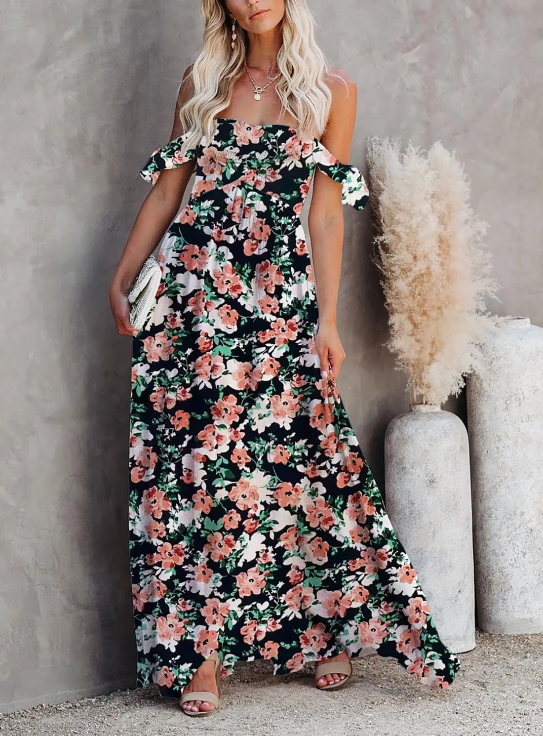 MERMAID'S CLOSET Women's Summer Smocked Off The Shoulder Maxi Dress Boho Casual Ruffle Flowy Long Beach Vacation Sundress